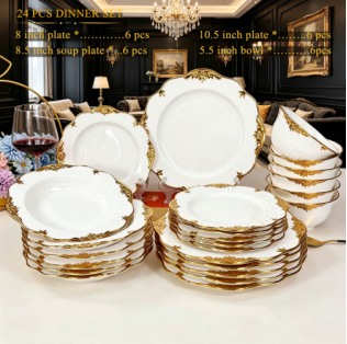 24Pcs White Ceramic Dinner Set with Gold Embossed Rim