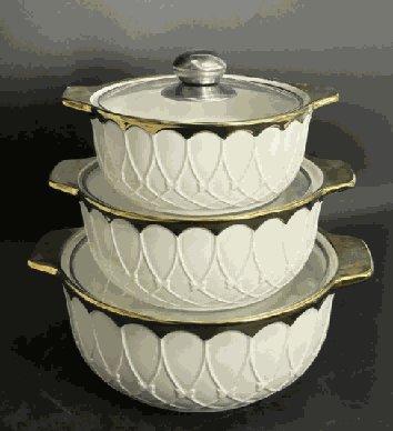 Metallic Electroplated Butterfly Relief Double-Handle Porcelain Soup Pot Set of 3