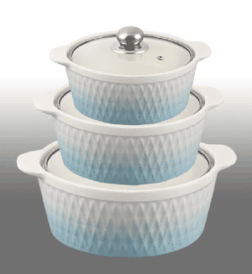 Blue & White Gradient Diamond Grid Texture Double-Handle Porcelain Soup Pot Set of 3