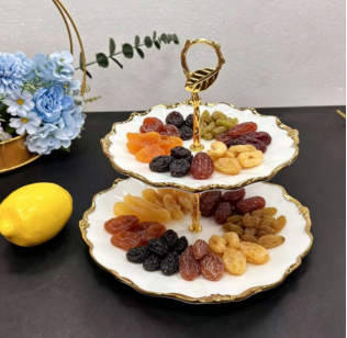 2-Tier White Ceramic Cake Stand with Gold Rim