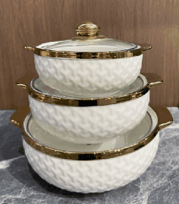 Metallic Electroplated Armor Texture Double-Handle Porcelain Soup Pot Set of 3