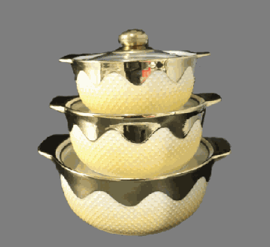 Yellow & White Electroplated Snowflake Relief Double-Handle Porcelain Soup Pot Set of 3