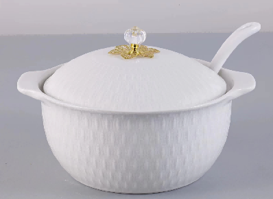 White Ripple Porcelain Ceramic Soup Pot with Spoon