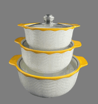 Red Wave Texture Double-Handle Porcelain Soup Pot Set of 3