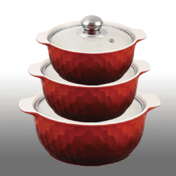 Red Gradient Geometric Texture Double-Handle Porcelain Soup Pot Set of 3