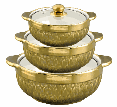 Full Gold-Plated Peacock Relief Double-Handle Porcelain Soup Pot Set of 3