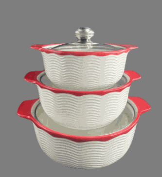 Red Wave Texture Double-Handle Porcelain Soup Pot Set of 3
