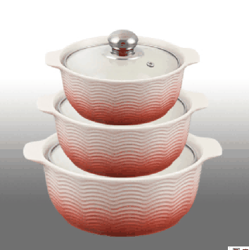 Red & White Gradient Wave Texture Double-Handle Porcelain Soup Pot Set of 3