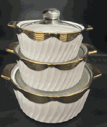 Metallic Electroplated Bow Relief Double-Handle Porcelain Soup Pot Set of 3
