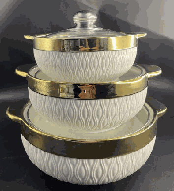 Metallic Electroplated Peacock Relief Double-Handle Porcelain Soup Pot Set of 3