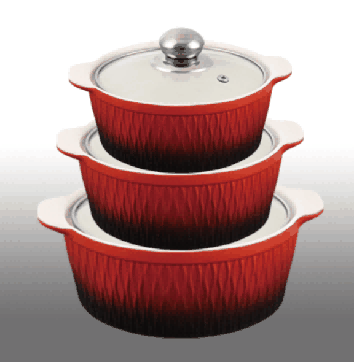 Red Gradient Woven Texture Double-Handle Porcelain Soup Pot Set of 3
