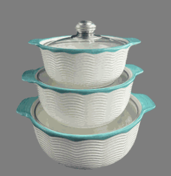 Green Wave Texture Double-Handle Porcelain Soup Pot Set of 3