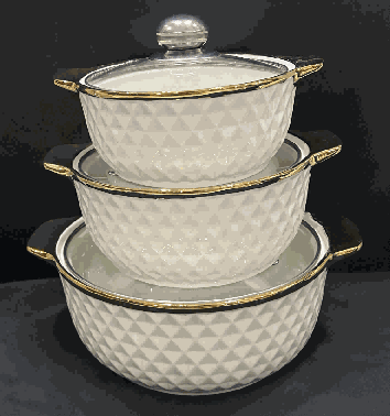 Metallic Electroplated Diamond Texture Double-Handle Porcelain Soup Pot Set of 3