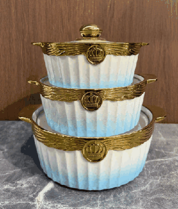 Blue & White Electroplated Angel Relief Double-Handle Porcelain Soup Pot Set of 3