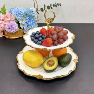 2-Tier White Ceramic Cake Stand with Gold Rim