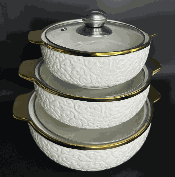 Metallic Electroplated Vine Scroll Relief Double-Handle Porcelain Soup Pot Set of 3