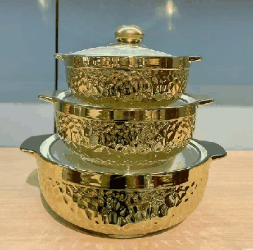 Full Gold-Plated Cube Texture Double-Handle Porcelain Soup Pot Set of 3