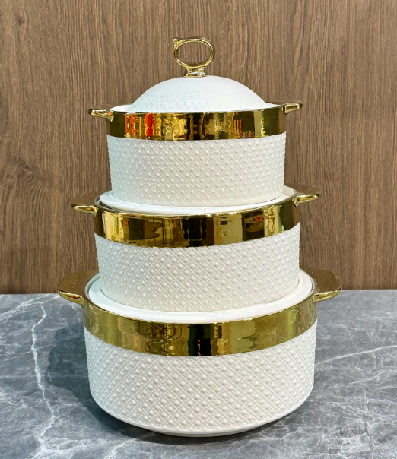 Gold-Rimmed Beaded Porcelain Double Handle Casserole with Ceramic Knob