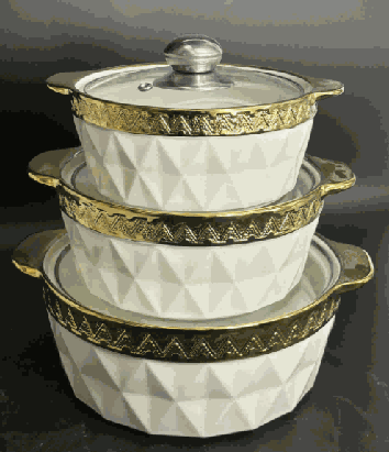 Metallic Electroplated Pyramid Texture Double-Handle Porcelain Soup Pot Set of 3