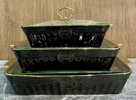 Set of 3 Metallic Angel Motif Porcelain Baking Dishes