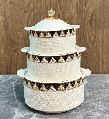 Gold Crescent Beaded Porcelain Double Handle Casserole with Metal Floral Knob