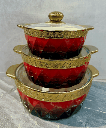 Red Electroplated Butterfly Relief Double-Handle Porcelain Soup Pot Set of 3