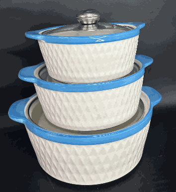Blue Diamond Grid Texture Double-Handle Porcelain Soup Pot Set of 3