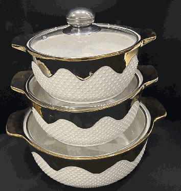 Metallic Electroplated Snowflake Relief Double-Handle Porcelain Soup Pot Set of 3