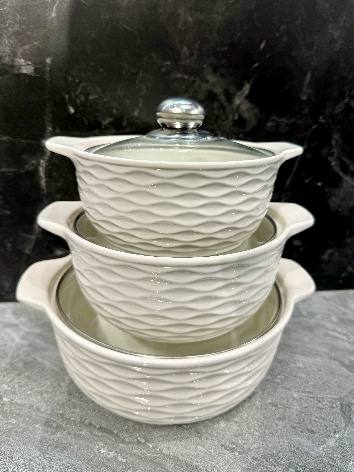 White Wave-Inspired Texture Double-Handle Porcelain Soup Pot Set of 3