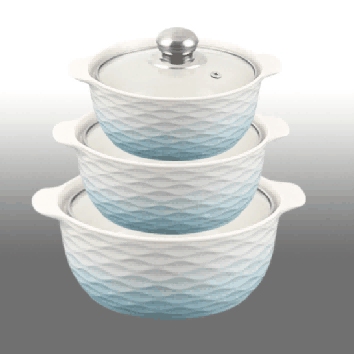 Blue & White Gradient Wave-Inspired Texture Double-Handle Porcelain Soup Pot Set of 3