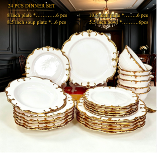 24Pcs White Ceramic Dinner Set with Gold Embossed Rim