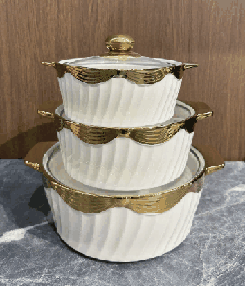 Metallic Electroplated Bow Relief Double-Handle Porcelain Soup Pot Set of 3