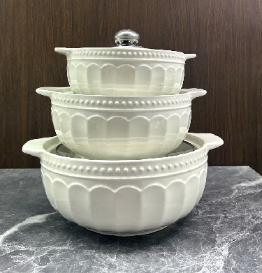 Set of 3 White Bloom Porcelain Soup Pots
