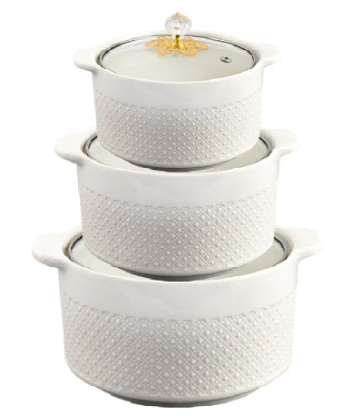 White Beaded Porcelain Double Handle Casserole
