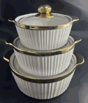 Metallic Electroplated Vertical Ribbed Double-Handle Porcelain Soup Pot Set of 3