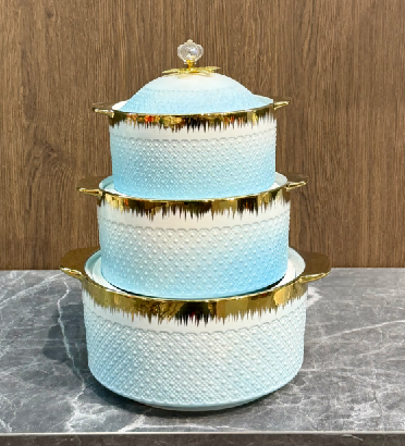 Blue Brushed Gold Beaded Porcelain Double Handle Casserole