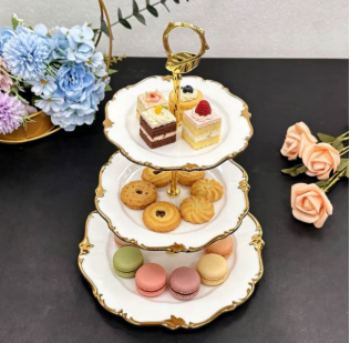 3-Tier White Ceramic Cake Stand with Gold Rim