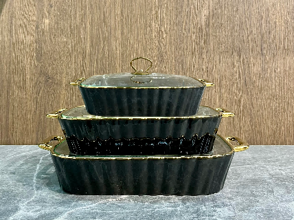 Set of 3 Black Metallic Ribbed Porcelain Baking Dishes