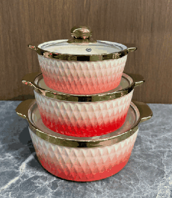 Red & White Electroplated Diamond Grid Texture Double-Handle Porcelain Soup Pot Set of 3