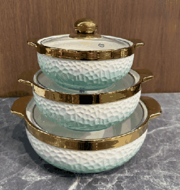 Green & White Electroplated Cube Texture Double-Handle Porcelain Soup Pot Set of 3