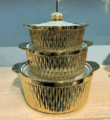 Full Gold-Plated Woven Texture Double-Handle Porcelain Soup Pot Set of 3