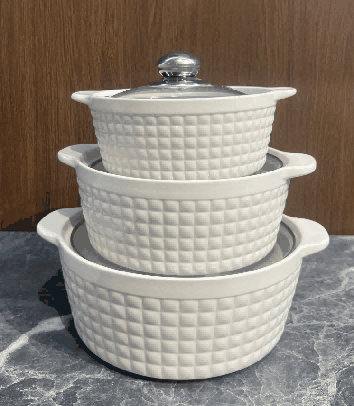 White Double-Handle Porcelain Soup Pot Set of 3