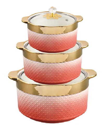 Red Gold-Rimmed Beaded Porcelain Double Handle Casserole