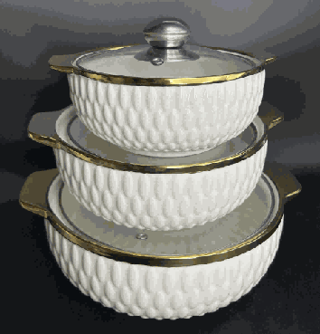Metallic Electroplated Rice Grain Texture Double-Handle Porcelain Soup Pot Set of 3