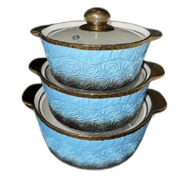 Blue Electroplated Rose Relief Double-Handle Porcelain Soup Pot Set of 3