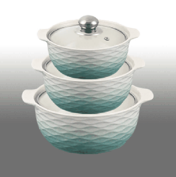 Green & White Gradient Wave-Inspired Texture Double-Handle Porcelain Soup Pot Set of 3