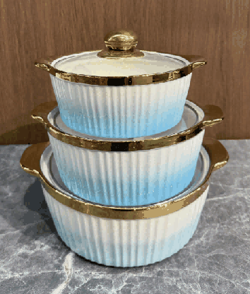 Blue & White Electroplated Vertical Ribbed Double-Handle Porcelain Soup Pot Set of 3