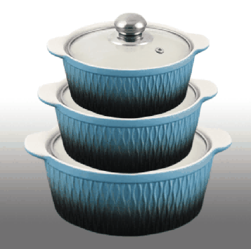Blue Gradient Woven Texture Double-Handle Porcelain Soup Pot Set of 3