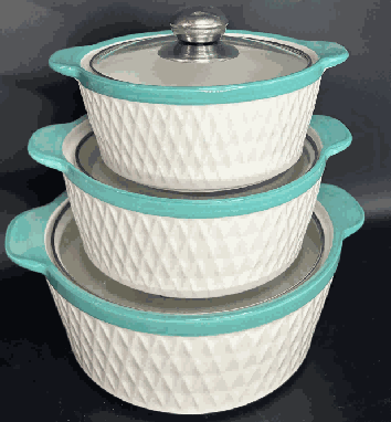 Green Diamond Grid Texture Double-Handle Porcelain Soup Pot Set of 3