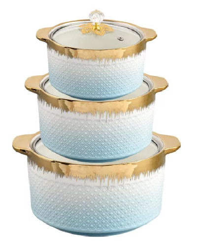 Blue Brushed Gold Beaded Porcelain Double Handle Casserole